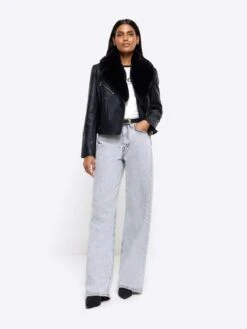 River Island Faux Fur Detail Biker Jacket - Black -Modish Muse VROWQ SQ3 0000000004 BLACK MDo