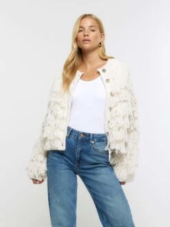 River Island Fringe Detail Cardigan - Cream