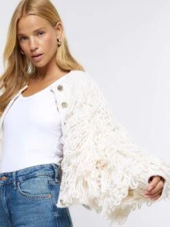 River Island Fringe Detail Cardigan - Cream -Modish Muse VRXE0 SQ4 0000000067 CREAM MDd
