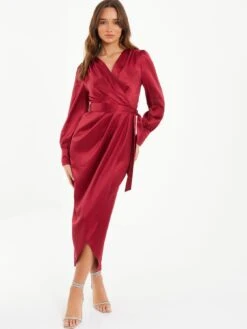 Quiz Berry Satin Long Sleeve Wrap Midaxi Dress