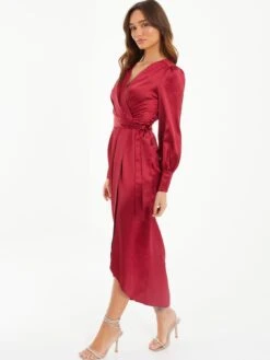 Quiz Berry Satin Long Sleeve Wrap Midaxi Dress -Modish Muse VSIZK SQ3 0000000315 DARK RED MDo