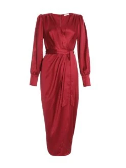 Quiz Berry Satin Long Sleeve Wrap Midaxi Dress -Modish Muse VSIZK SQ4 0000000315 DARK RED MDd