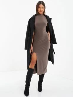 Quiz Brown High Neck Midaxi Dress