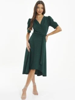 Quiz Bottle Green Glitter Dip Hem Midi Dress