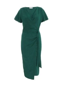 Quiz Bottle Green Glitter Ruched Wrap Midi Dress -Modish Muse VSNFO SQ4 0000000630 DARK GREEN MDd