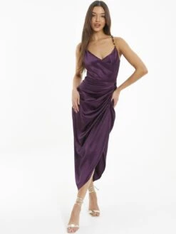 Quiz Purple Satin Ruched Midaxi Dress