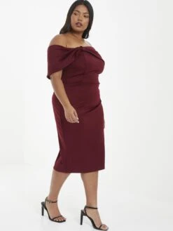Quiz Curve Curve Berry Bardot Bow Midi Dress 10 Quiz Curve Curve Berry Bardot Bow Midi Dress -Modish Muse VSNGN SQ3 0000000315 DARK RED MDo